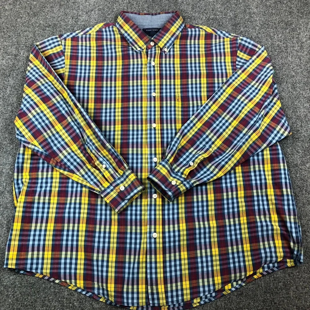 Saddlebred Mens Large Plaid Button Down Shirt Long Sleeve Yellow Blue Multicolor